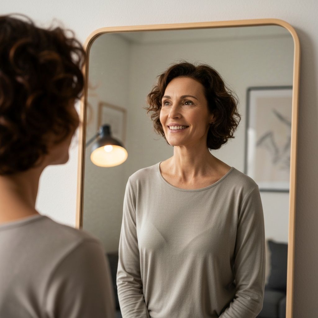 Жiнка дивиться в дзеркало з усмiшкою — самоприйняття та фiзiогномiка